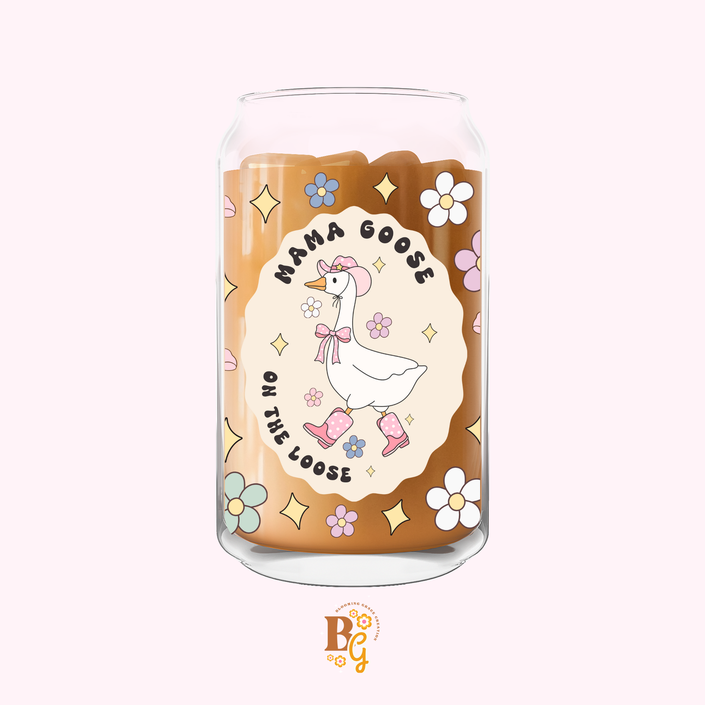 Mama Goose on the Loose Glass Can Cup – Playful Floral Cup for Moms on the Move