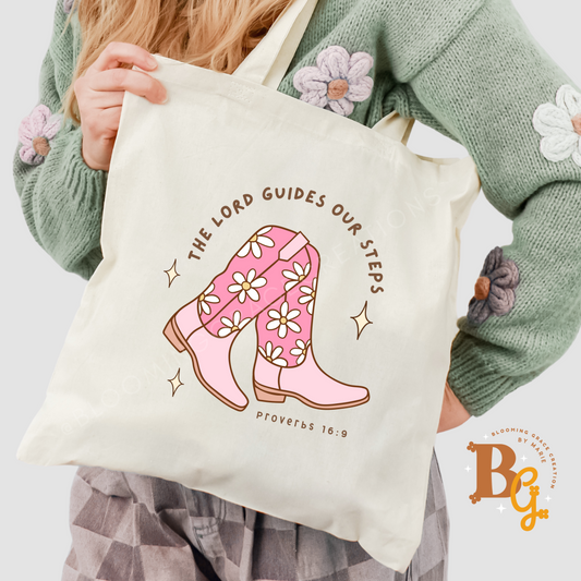 “The Lord Guides Our Steps” Tote Bag – Proverbs 16:9 Cowboy Boot Design