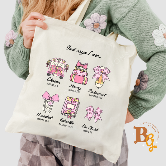“God Says I Am” Scripture Tote Bag – Faith Identity Christian Tote