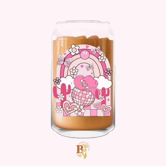 "Pink CowGirl" 16 oz Glass cup