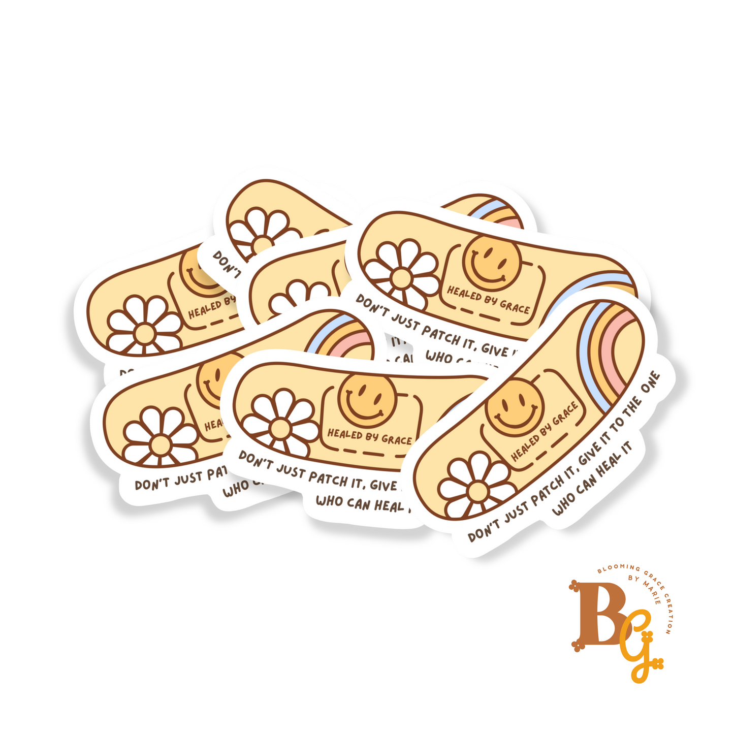 Healed by Grace Waterproof Vinyl Sticker – Faith-Based Bandage Design